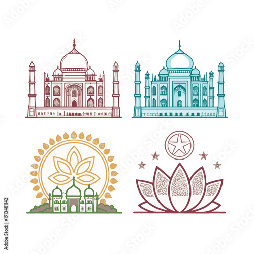 Four Indian architectural and floral graphic elements in red teal and gold tajmahal architecture