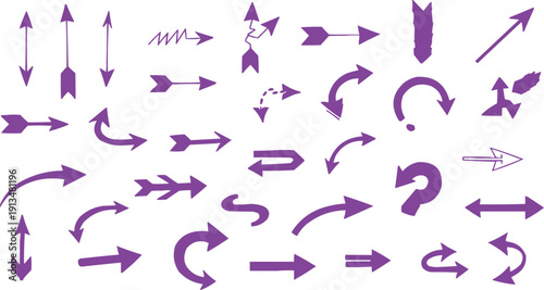 The image features a vibrant collection of purple arrows, each displaying a unique design and style against a clean white background. The arrows are all rendered in purple, providing a consistent and 