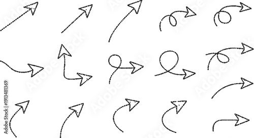 The image shows a collection of arrow designs, all of which are hand-drawn in black ink. The arrows are drawn in a hand-drawn style, which gives them an organic and artistic feel.