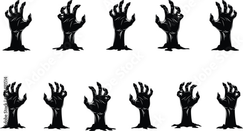 Halloween spooky zombie hands silhouette set, creepy undead monster claws rising from ground, scary horror hands for cemetery graveyard scene, cad drawing flat vector illustration
