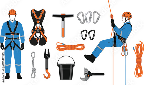 Industrial climber safety equipment set with harness, ropes, carabiners, helmet, and worker in blue uniform performing high altitude maintenance tasks, cad drawing flat vector illustration