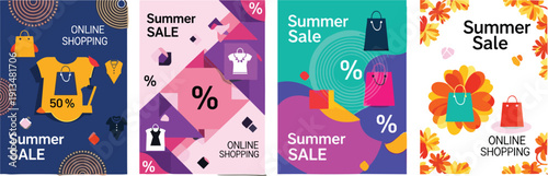 Summer sale posters for online shopping with discount percentages, retail shopping bags, floral patterns, and fashion apparel icons in colorful layouts, cad drawing flat vector illustration