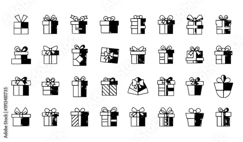 
Holiday gift box flat icon collection with abstract packaging symbols vector set