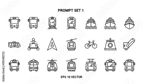 
Transportation line icon set with bus train tram ship cable car and bicycle