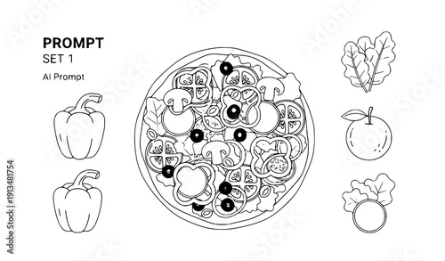 
Healthy fruit and vegetable salad pizza flat line icon for nutrition food design