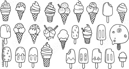 Hand Drawn Ice Cream Collection: Vector Doodle Illustrations of Cones, Popsicles  Sundaes. Sweet Summer Desserts in Black  White Line Art.