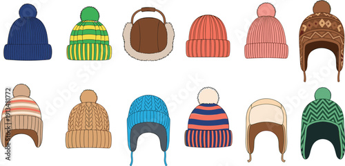 Winter hat and beanie collection with pom pom caps, knit headwear, earflap trapper hats, and seasonal autumn clothing accessories set, cad drawing flat vector illustration