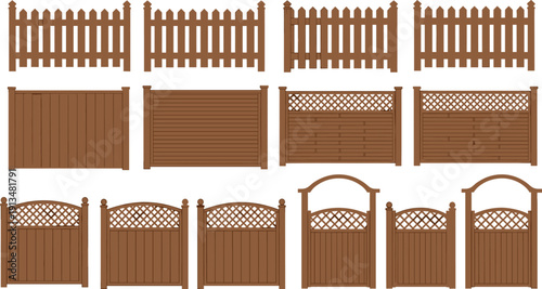 Wooden fence collection featuring picket fences, lattice panels, privacy garden gates, and backyard timber barriers for outdoor home landscaping designs, cad drawing flat vector illustration