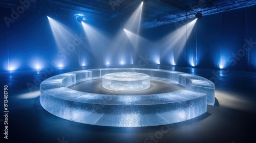 Illuminated circular installation with central structure, bathed in blue light