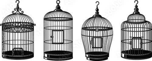 Black birdcage silhouettes in various vintage styles, ornate decorative wire cages collection, cad drawing flat vector illustration for interior design.