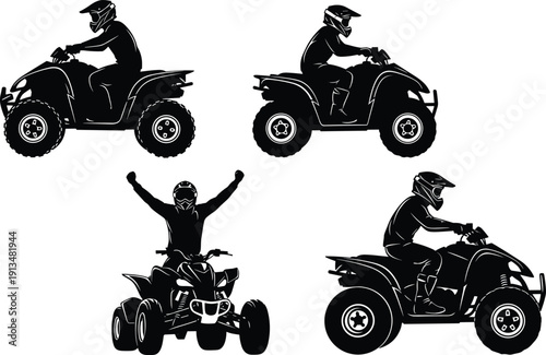 Black atv quad bike silhouettes with riders in various poses, offroad vehicle collection, cad drawing flat vector illustration for sports.