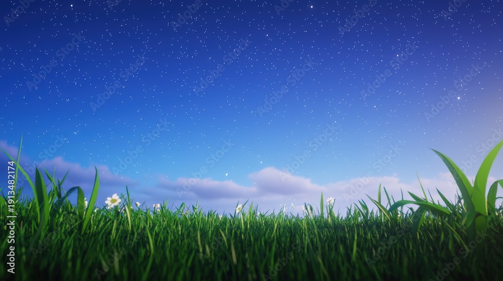 Obraz premium 草地と星空の夜