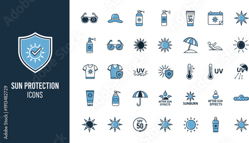 Sun protection icon set featuring UV radiation shield, sunscreen lotion, SPF 50 cream, sunglasses, and summer skincare safety symbols