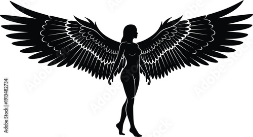Black Silhouette of Beautiful Woman with Large Angel Wings Standing in Graceful Pose for Fantasy Mythology Spirituality Guardian Angel and Freedom Concept Vector Illustration