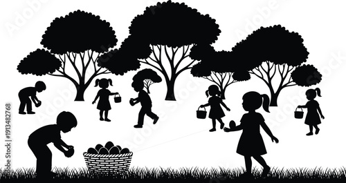 Black silhouette of children hunting for Easter eggs in a park with trees and grass background for spring holiday celebration greeting cards and posters