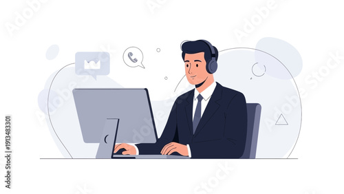 Man in suit with headset at computer, customer service, business support, online communication