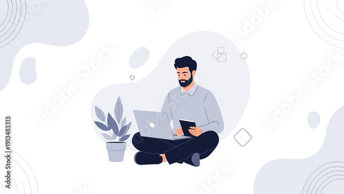 Man working on laptop, sitting cross-legged, modern flat illustration