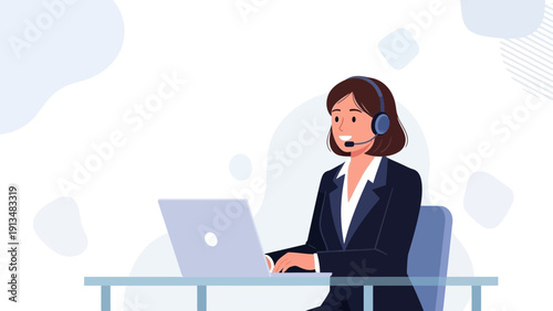 Customer service operator with headset working on laptop computer at desk