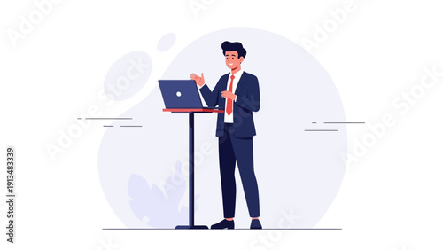 Businessman Presenting with Laptop at Podium - Business Meeting Concept