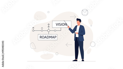 Businessman presents vision and roadmap on whiteboard in modern office