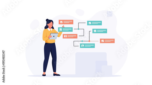 Woman analyzing flowchart on tablet, business strategy and planning concept