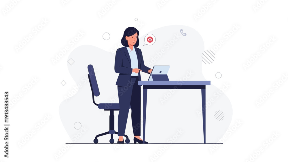 Fototapeta premium Businesswoman working on tablet at office desk with chair, modern flat illustration