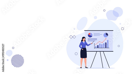 Businesswoman presenting financial data on a whiteboard with charts and graphs