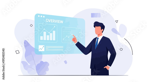 Businessman presenting data overview on futuristic digital screen with charts and graphs