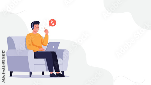 Man working from home with laptop and headset, receiving a call