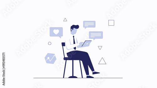 Man Sitting on Chair Using Tablet with Social Media Icons and Chat Bubbles