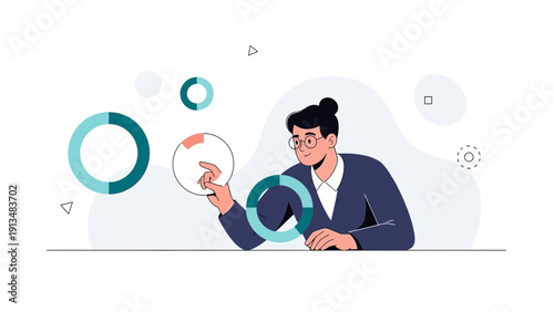 Business analyst reviewing financial data charts, modern flat illustration