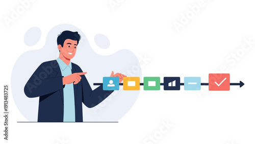 Businessman pointing at a roadmap with icons, business strategy, planning, workflow