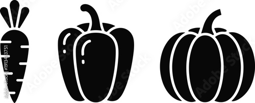 Minimalist Vegetable Icon Set Featuring Black Silhouette Carrot Bell Pepper and Pumpkin Vector Illustration for Healthy Food Organic Gardening and Vegan Cooking Concept