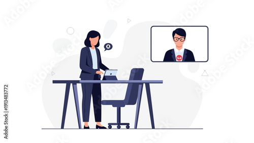 Businesswoman in video conference, remote work, online meeting, technology concept