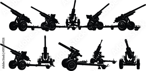 Military artillery cannon and howitzer silhouette collection set from various angles for army combat warfare history and tactical weapon system designvMilitary artillery cannon and howitzer silhouette