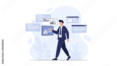 Businessman analyzing financial data on digital screens with charts and graphs