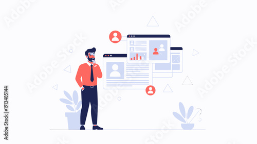 Man analyzing online profiles and data on computer screens, business concept