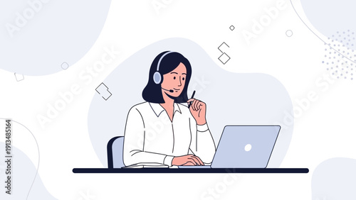 Customer Service Agent with Headset and Laptop, Working at Desk