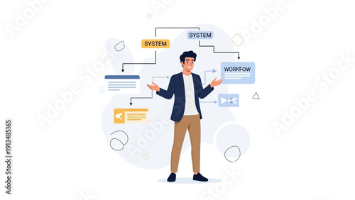 Man managing complex system and workflow, business process management concept