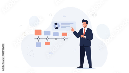 Businessman presenting project timeline and workflow on digital screen