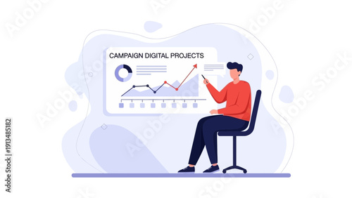 Man presenting digital marketing campaign growth chart on screen