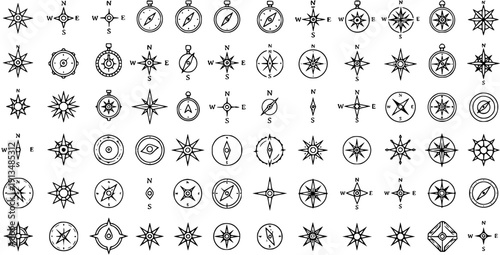 Detailed collection of black and white line art compasses and compass roses, featuring diverse styles for navigation, exploration, and travel symbols in a clean vector icon set.