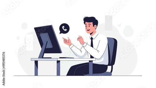 Man working at computer, communication icon, business concept illustration