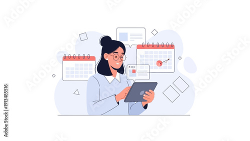 Woman planning with digital tablet and calendars, time management concept