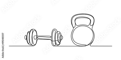 Continuous one line drawing of a dumbbell and a kettlebell for fitness and gym workout Vector, illustration