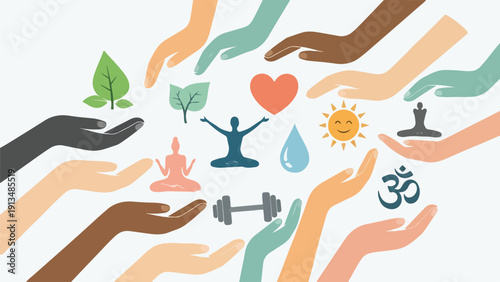 Various hands supporting symbols of wellness and healthy living