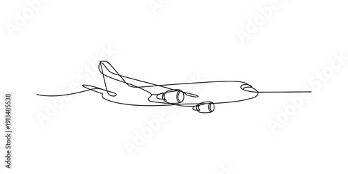 Simple continuous line drawing of a commercial airplane flying in the sky from a side view. Vector, illustration