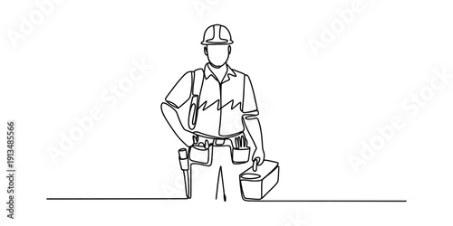 Continuous line drawing of a professional construction worker wearing a hard hat and tool belt Vector, illustration