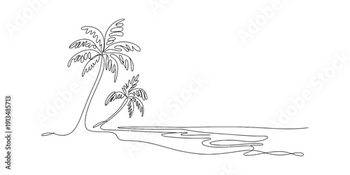 Black and white line drawing of two palm trees on a sandy beach near the ocean waves. Vector, illustration