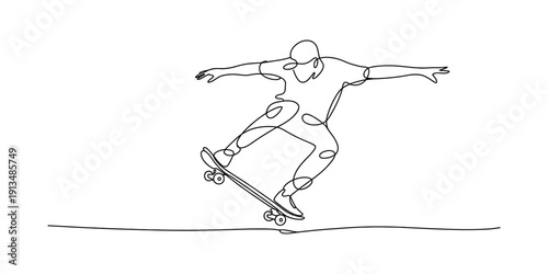 Skateboarder performing a jump trick in a continuous line drawing style on a white background Vector, illustration